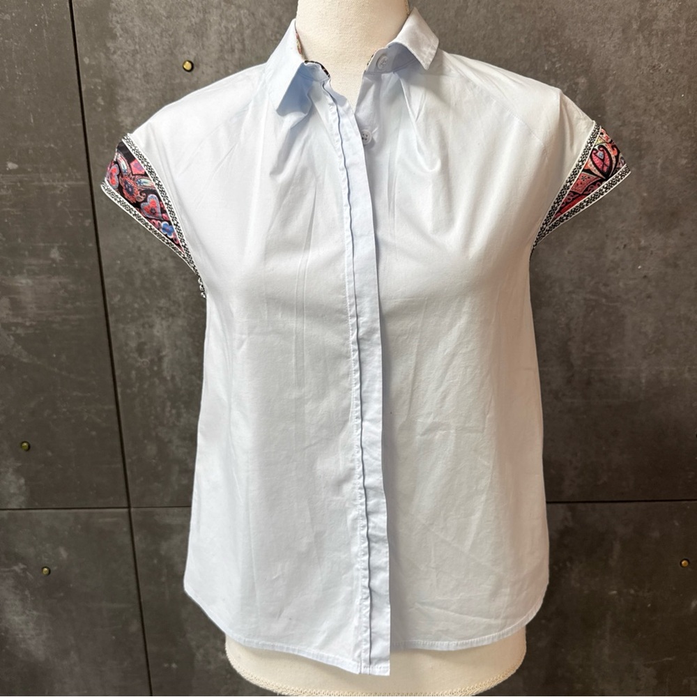 Desigual Light Blue Blouse with Patterned Sleeves